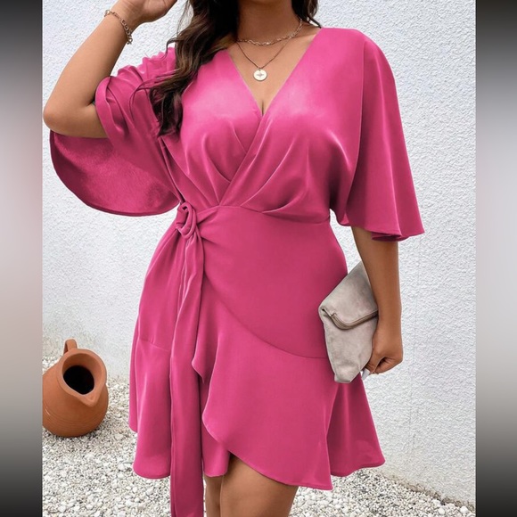 Plus solid Batwing Sleeve Ruffle Hem Mini Dress - Picture 6 of 9